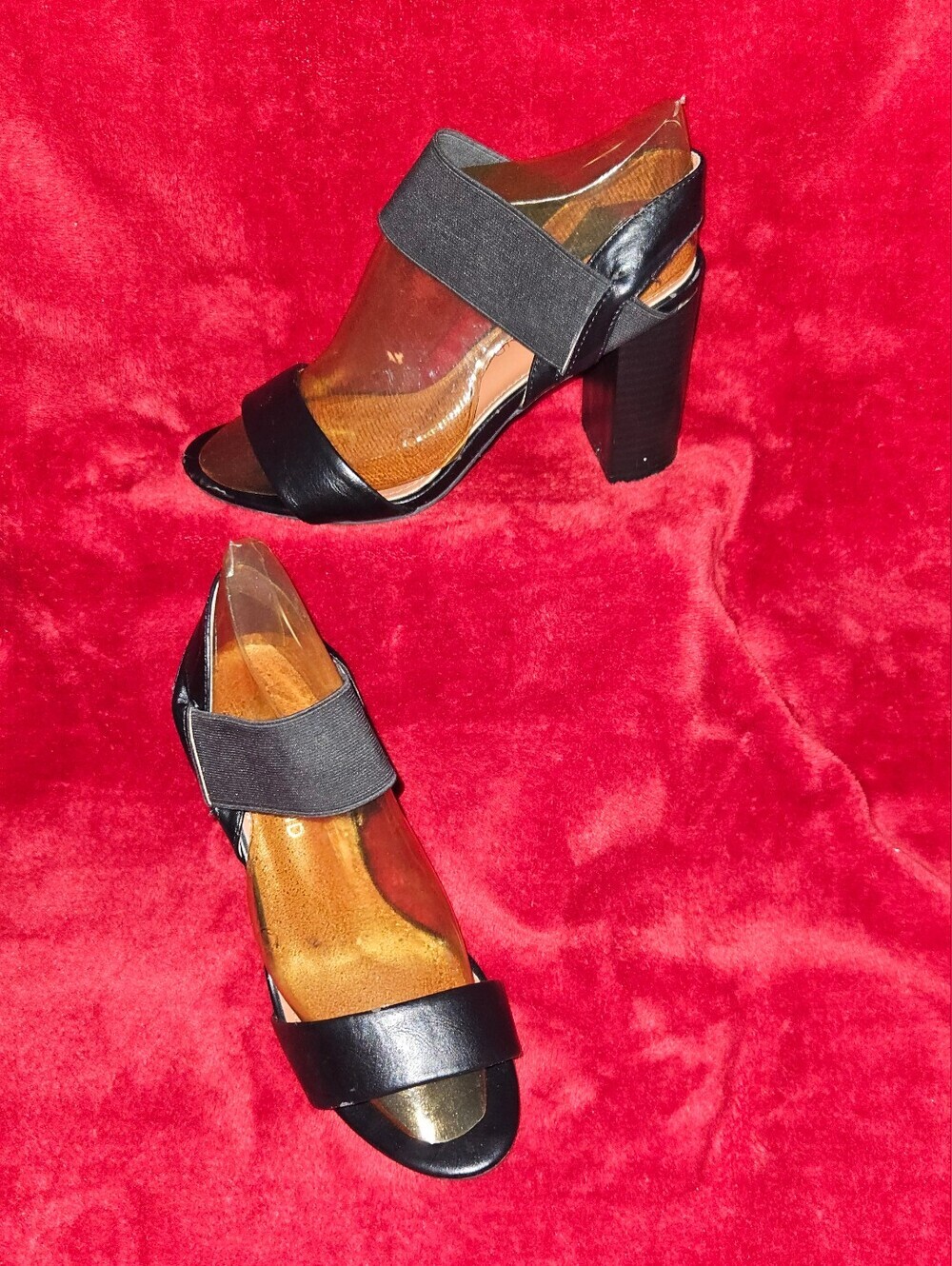 Shoeland Black Block Heel Sandals with Elastic Ankle Strap - Size 6